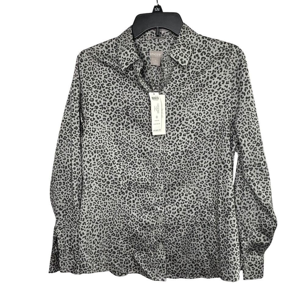 Chico's Cool Max No Iron Classic Animal Print Button Up Shirt Size 0 4-6 New